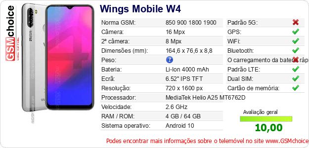 Wings Mobile W4 Especificações técnicas do telemóvel Wings Mobile W4 Especificações técnicas do telemóvel