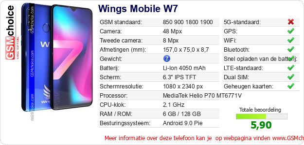 Wings Mobile W7 Technische gegevens 