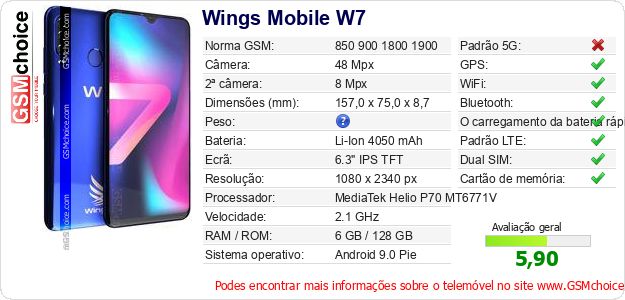 Wings Mobile W7 Especificações técnicas do telemóvel Wings Mobile W7 Especificações técnicas do telemóvel
