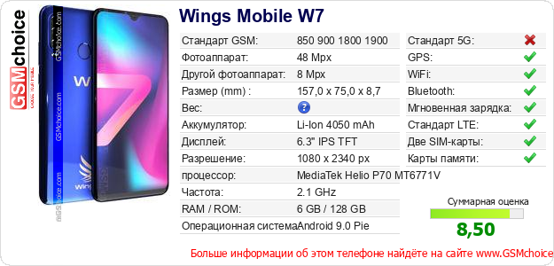 Wings Mobile W7 Технические данные телефона Wings Mobile W7 Технические данные телефона