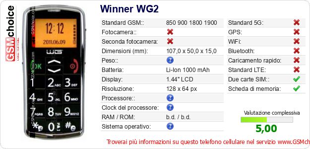 Winner WG2 Dati tecnici di telefono cellulare 