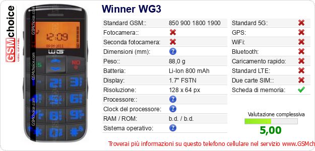 Winner WG3 Dati tecnici di telefono cellulare Winner WG3 Dati tecnici di telefono cellulare