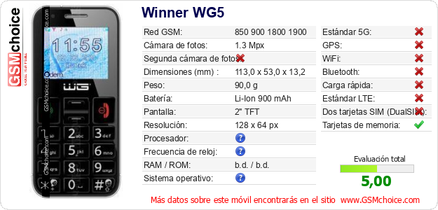 Winner WG5 Datos técnicos del móvil 