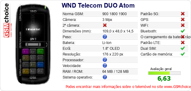 WND Telecom DUO Atom Especificações técnicas do telemóvel 