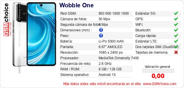 Wobble One Datos técnicos del móvil Wobble One Datos técnicos del móvil