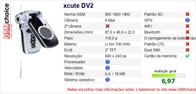 xcute DV2 Especificações técnicas do telemóvel 