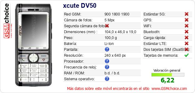 xcute DV50 Datos técnicos del móvil xcute DV50 Datos técnicos del móvil