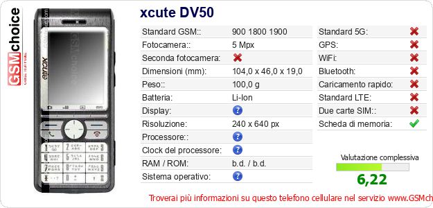 xcute DV50 Dati tecnici di telefono cellulare 