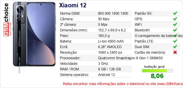 Xiaomi 12 Especificações técnicas do telemóvel Xiaomi 12 Especificações técnicas do telemóvel