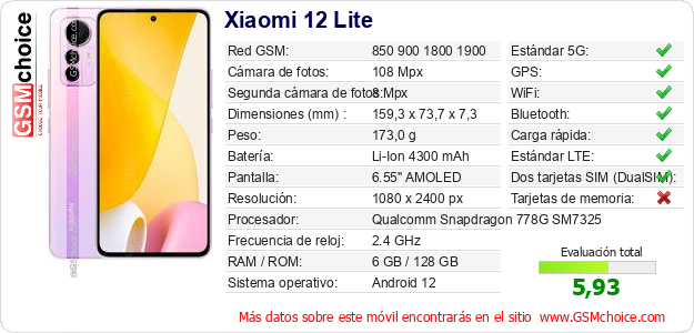 Xiaomi 12 Lite Datos técnicos del móvil Xiaomi 12 Lite Datos técnicos del móvil