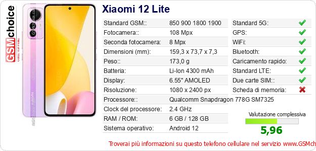 Xiaomi 12 Lite Dati tecnici di telefono cellulare 