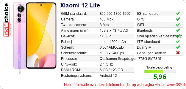 Xiaomi 12 Lite Technische gegevens 