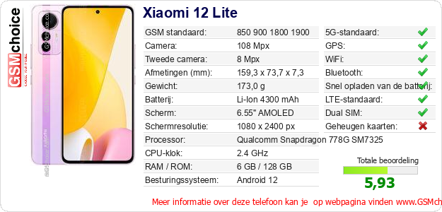 Xiaomi 12 Lite Technische gegevens 