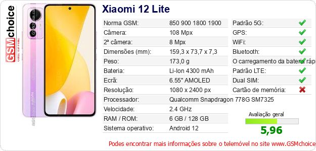 Xiaomi 12 Lite Especificações técnicas do telemóvel Xiaomi 12 Lite Especificações técnicas do telemóvel
