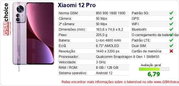 Xiaomi 12 Pro Especificações técnicas do telemóvel Xiaomi 12 Pro Especificações técnicas do telemóvel