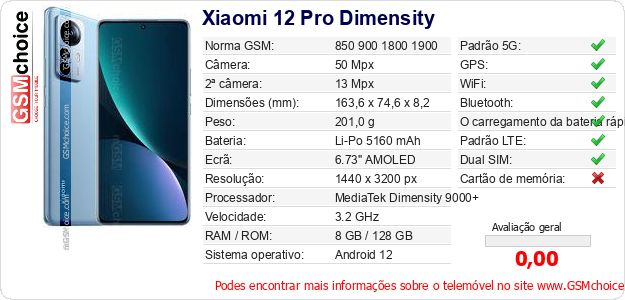 Xiaomi 12 Pro Dimensity Especificações técnicas do telemóvel 