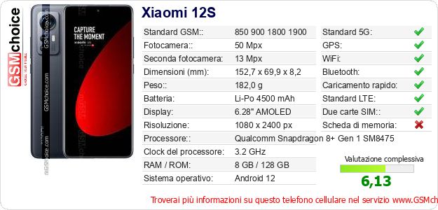 Xiaomi 12S Dati tecnici di telefono cellulare 