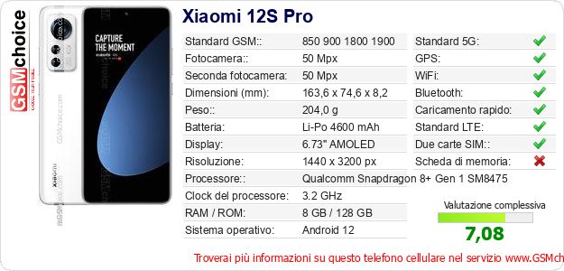 Xiaomi 12S Pro Dati tecnici di telefono cellulare 