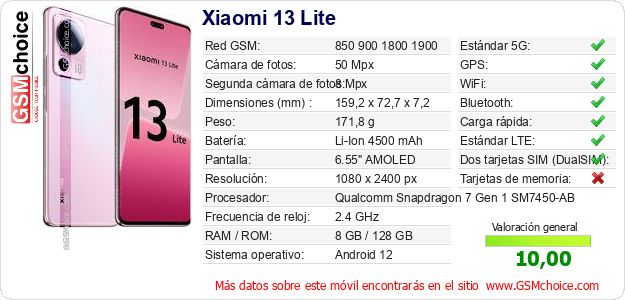 Xiaomi 13 Lite Datos técnicos del móvil Xiaomi 13 Lite Datos técnicos del móvil