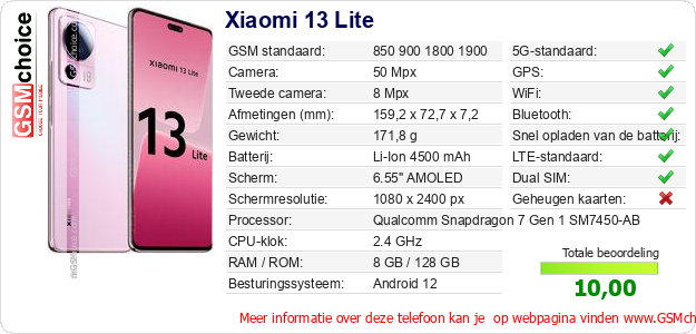 Xiaomi 13 Lite Technische gegevens 
