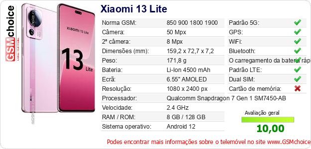 Xiaomi 13 Lite Especificações técnicas do telemóvel Xiaomi 13 Lite Especificações técnicas do telemóvel