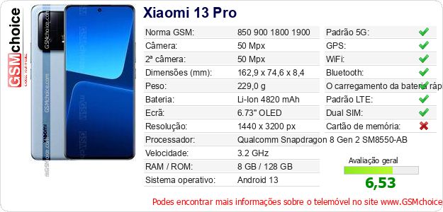 Xiaomi 13 Pro Especificações técnicas do telemóvel Xiaomi 13 Pro Especificações técnicas do telemóvel