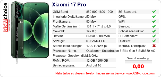 Xiaomi 17 Pro technische Daten Xiaomi 17 Pro technische Daten