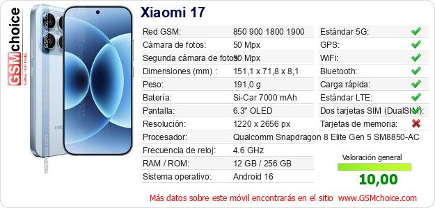 Xiaomi 17 Datos técnicos del móvil Xiaomi 17 Datos técnicos del móvil