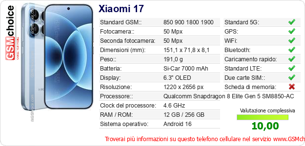 Xiaomi 17 Dati tecnici di telefono cellulare 