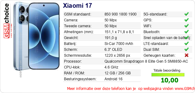 Xiaomi 17 Technische gegevens Xiaomi 17 Technische gegevens