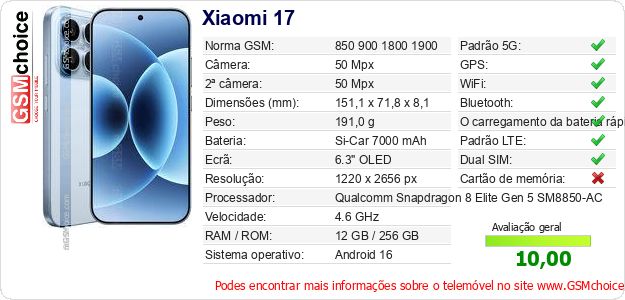 Xiaomi 17 Especificações técnicas do telemóvel Xiaomi 17 Especificações técnicas do telemóvel