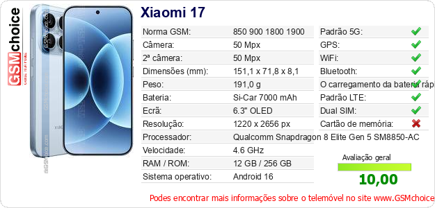 Xiaomi 17 Especificações técnicas do telemóvel 