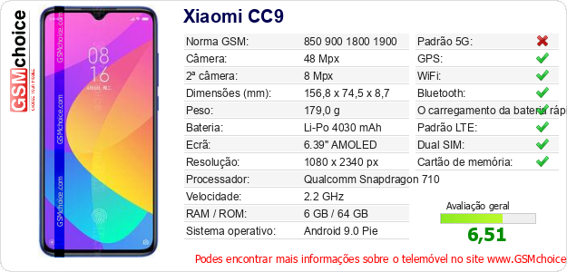 Xiaomi CC9 Especificações técnicas do telemóvel Xiaomi CC9 Especificações técnicas do telemóvel