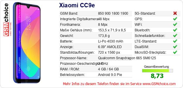 Xiaomi CC9e technische Daten Xiaomi CC9e technische Daten