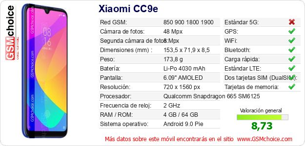 Xiaomi CC9e Datos técnicos del móvil Xiaomi CC9e Datos técnicos del móvil