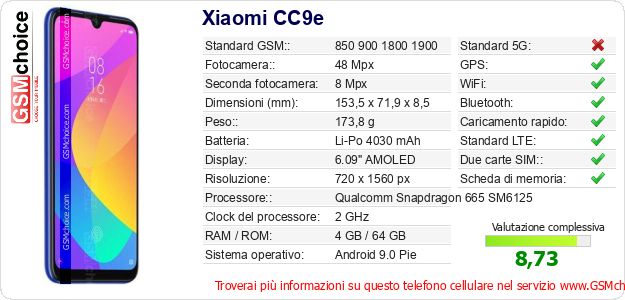 Xiaomi CC9e Dati tecnici di telefono cellulare 