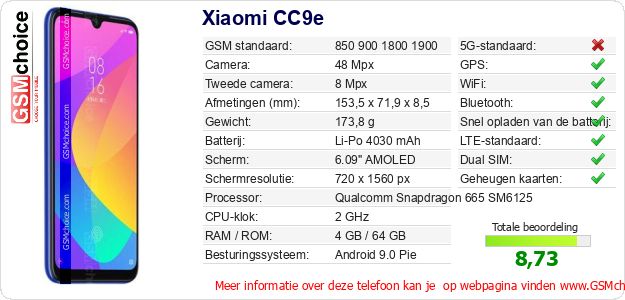 Xiaomi CC9e Technische gegevens Xiaomi CC9e Technische gegevens