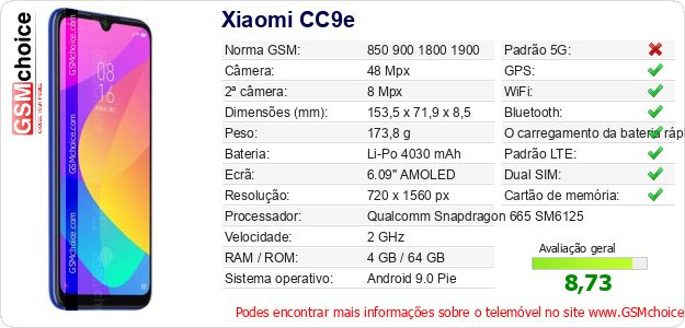 Xiaomi CC9e Especificações técnicas do telemóvel Xiaomi CC9e Especificações técnicas do telemóvel