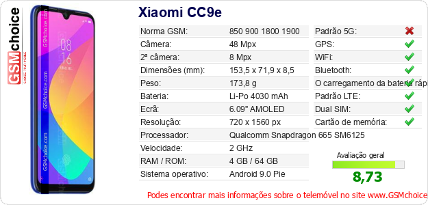 Xiaomi CC9e Especificações técnicas do telemóvel Xiaomi CC9e Especificações técnicas do telemóvel