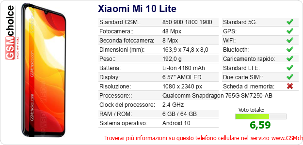 Xiaomi Mi 10 Lite Dati tecnici di telefono cellulare Xiaomi Mi 10 Lite Dati tecnici di telefono cellulare