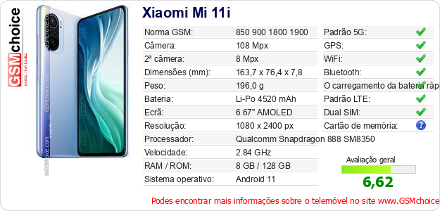 Xiaomi Mi 11i Especificações técnicas do telemóvel 