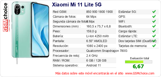 Xiaomi Mi 11 Lite 5G Datos técnicos del móvil 