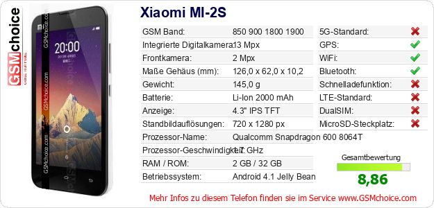 Xiaomi MI-2S technische Daten Xiaomi MI-2S technische Daten