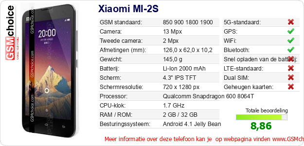 Xiaomi MI-2S Technische gegevens Xiaomi MI-2S Technische gegevens