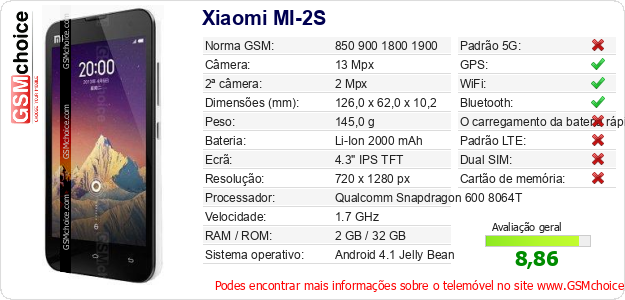 Xiaomi MI-2S Especificações técnicas do telemóvel Xiaomi MI-2S Especificações técnicas do telemóvel