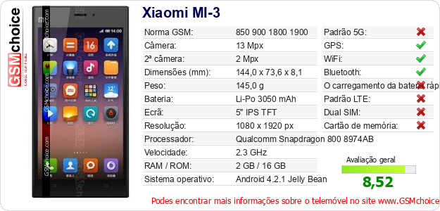 Xiaomi MI-3 Especificações técnicas do telemóvel 