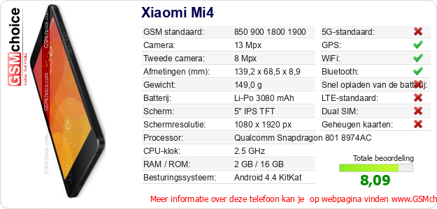 Xiaomi Mi4 Technische gegevens Xiaomi Mi4 Technische gegevens