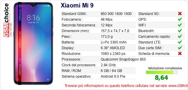 Xiaomi Mi 9 Dati tecnici di telefono cellulare Xiaomi Mi 9 Dati tecnici di telefono cellulare