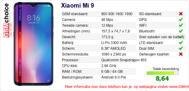 Xiaomi Mi 9 Technische gegevens 