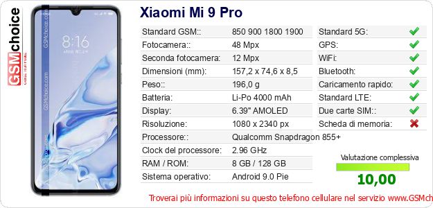 Xiaomi Mi 9 Pro Dati tecnici di telefono cellulare Xiaomi Mi 9 Pro Dati tecnici di telefono cellulare